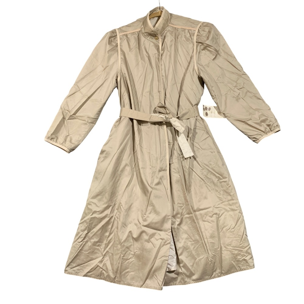 RainCheetahs Trench Coat Women XL Tan VTG 80s Belted Raincoat Puffed Shoulder